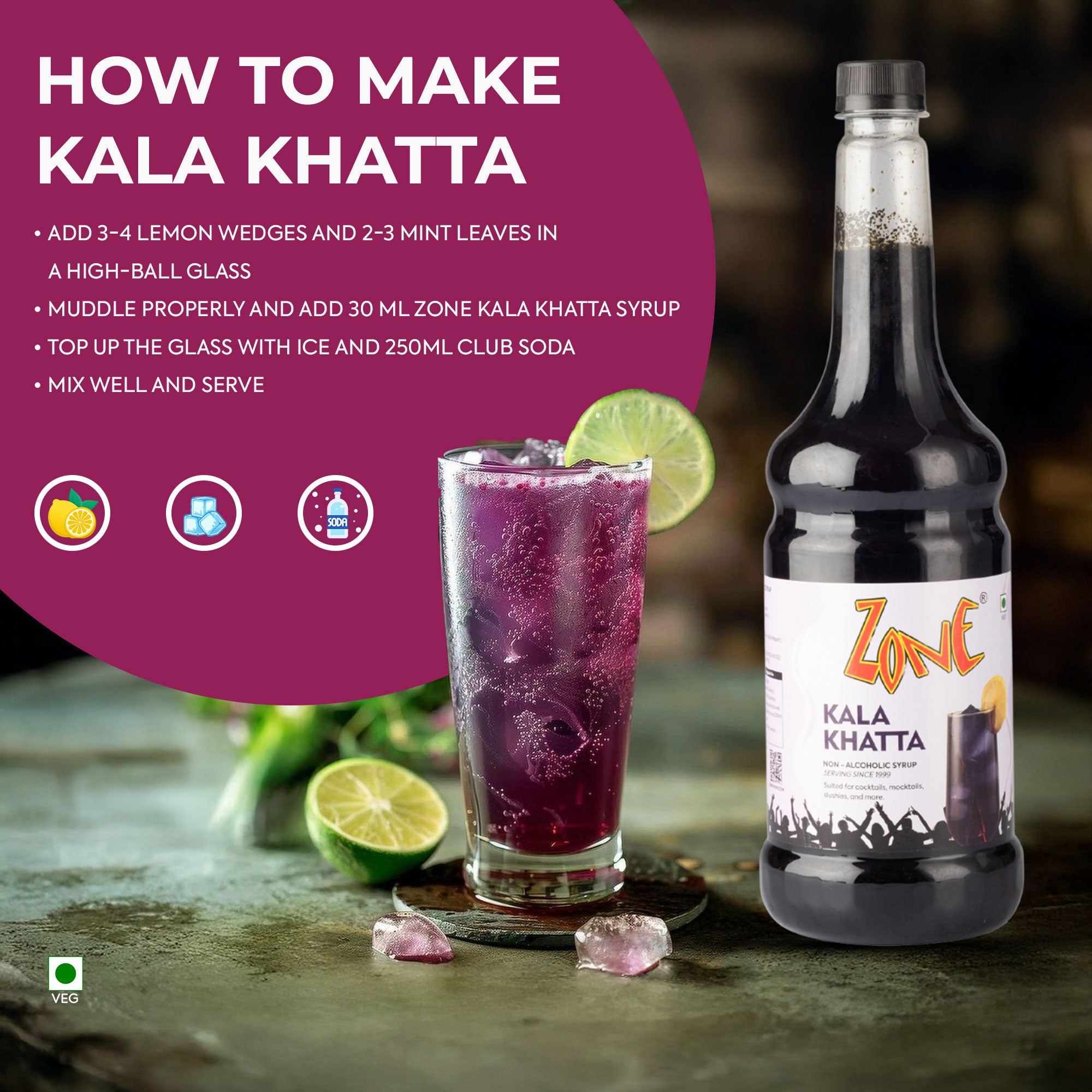Zone Kala Khatta Flavoured Syrup 1000ml