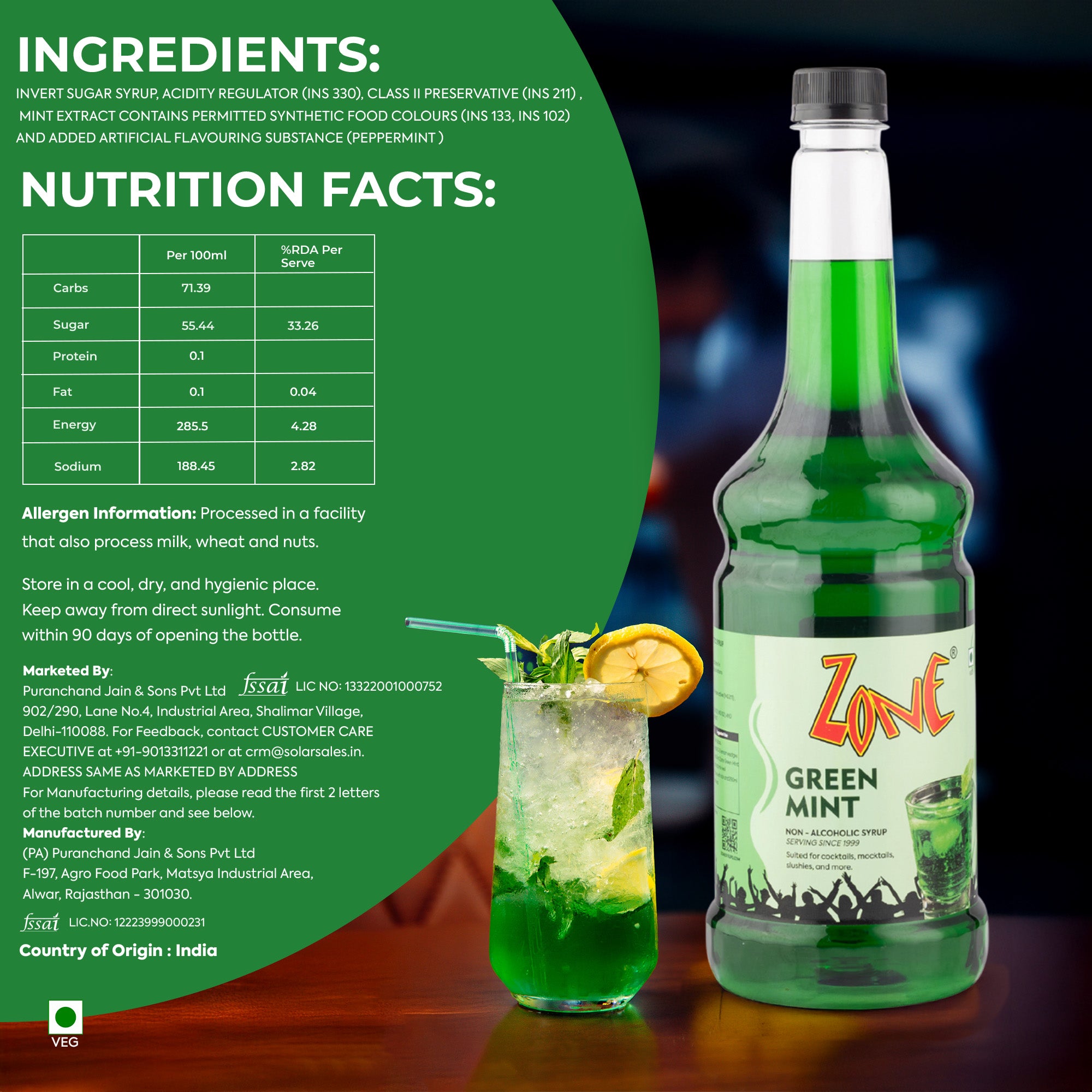 Zone Green Mint Flavoured Syrup 1000ml