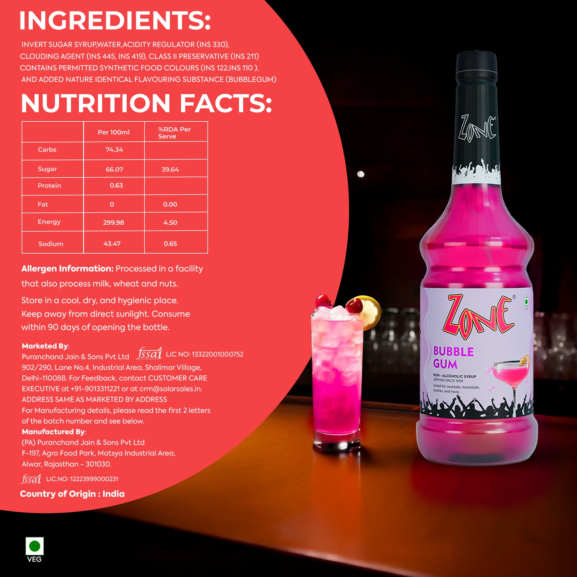 Zone Bubblegum Flavoured Syrup 1000ml