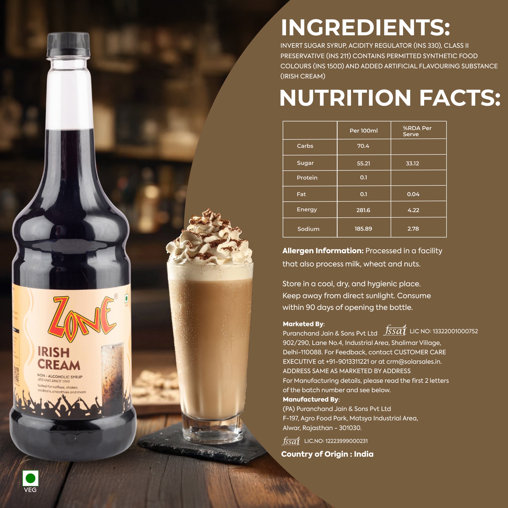 Zone Irish Cream Flavoured Syrup 1000ml