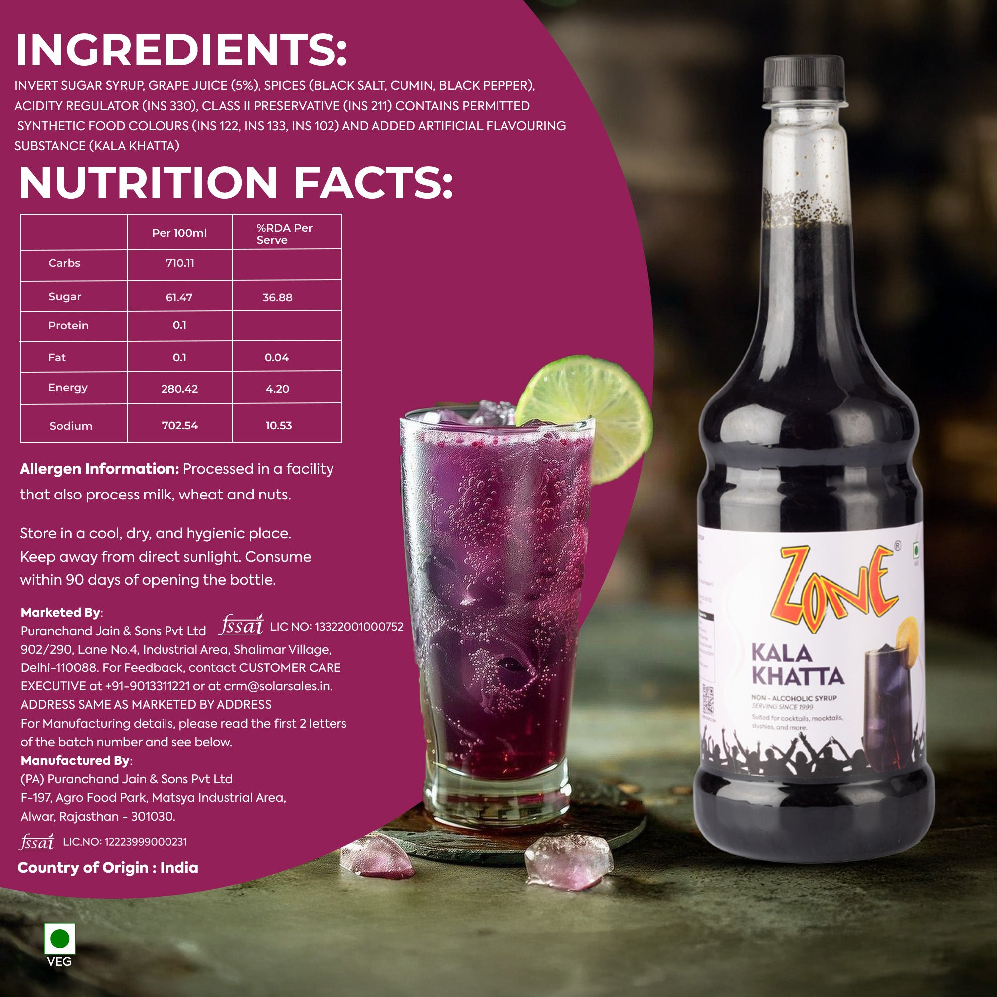 Zone Kala Khatta Flavoured Syrup 1000ml