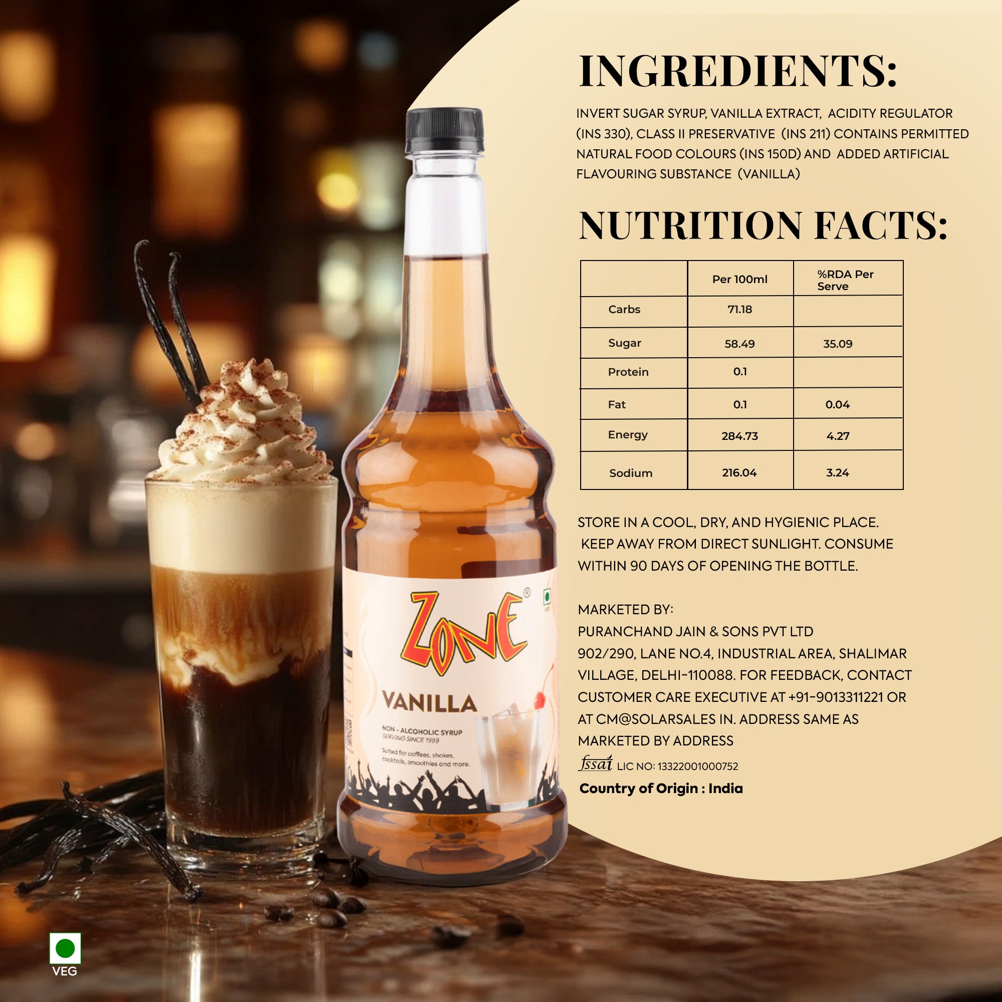 Zone Vanilla Flavoured Syrup 1000ml