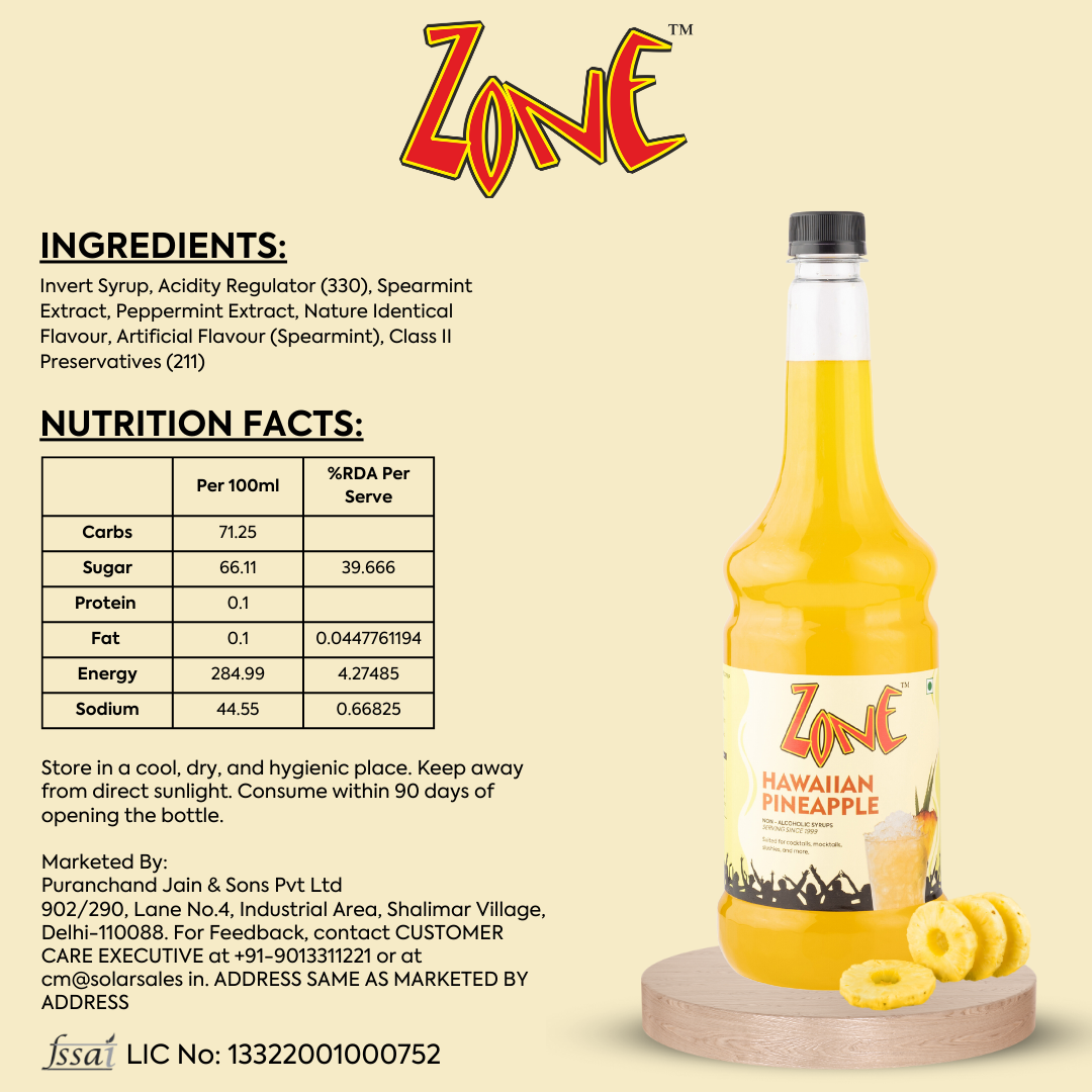 Zone Hawaiian pineapple Flavoured Syrup