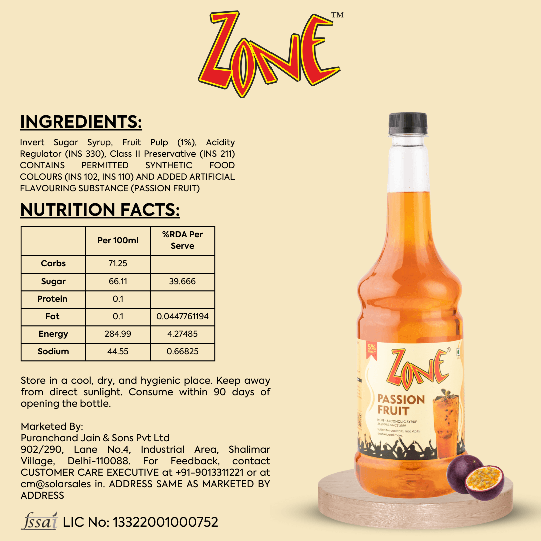 Zone Passion Fruit Flavoured Syrup 1000ml