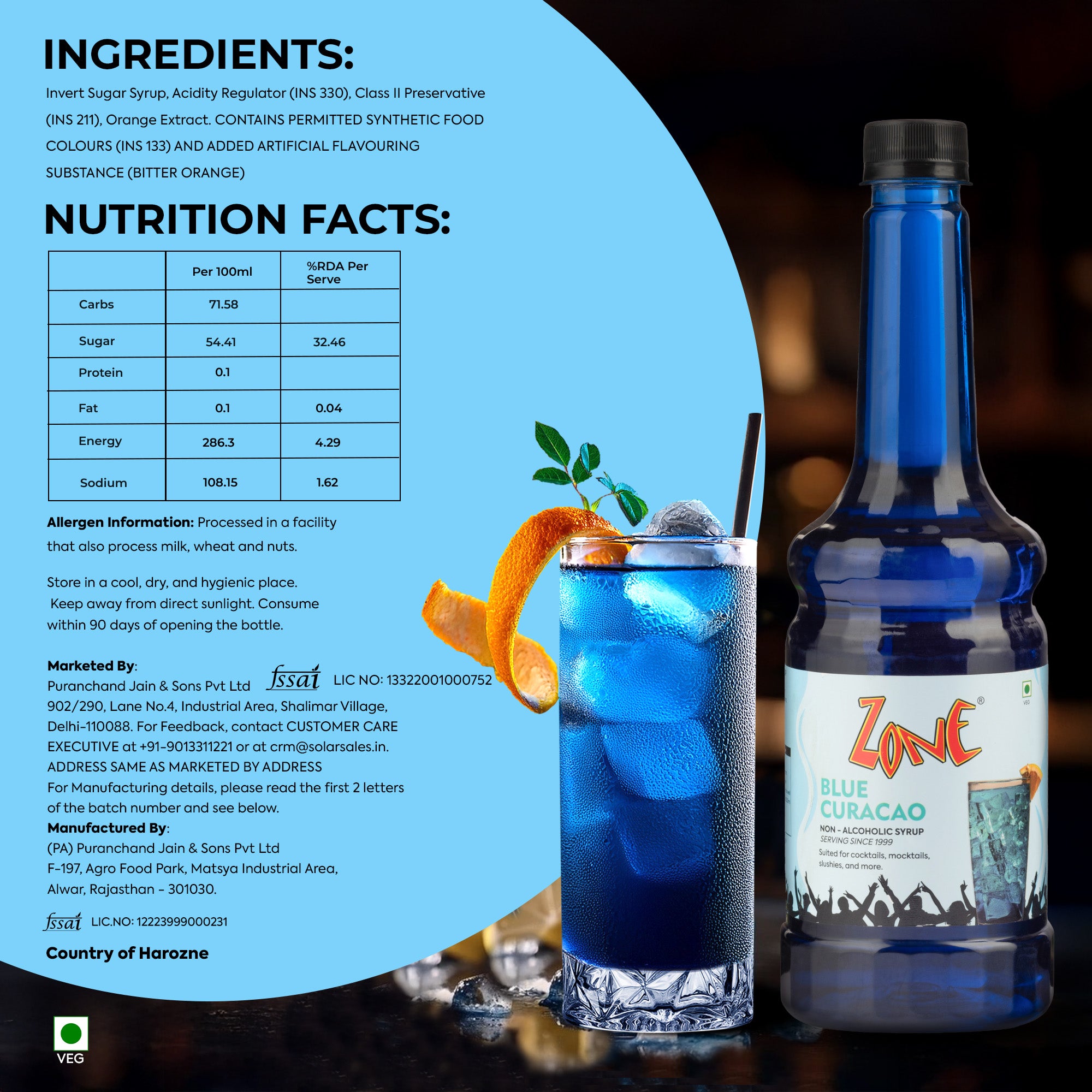 Zone Blue Curacao Flavoured Syrup 750ml