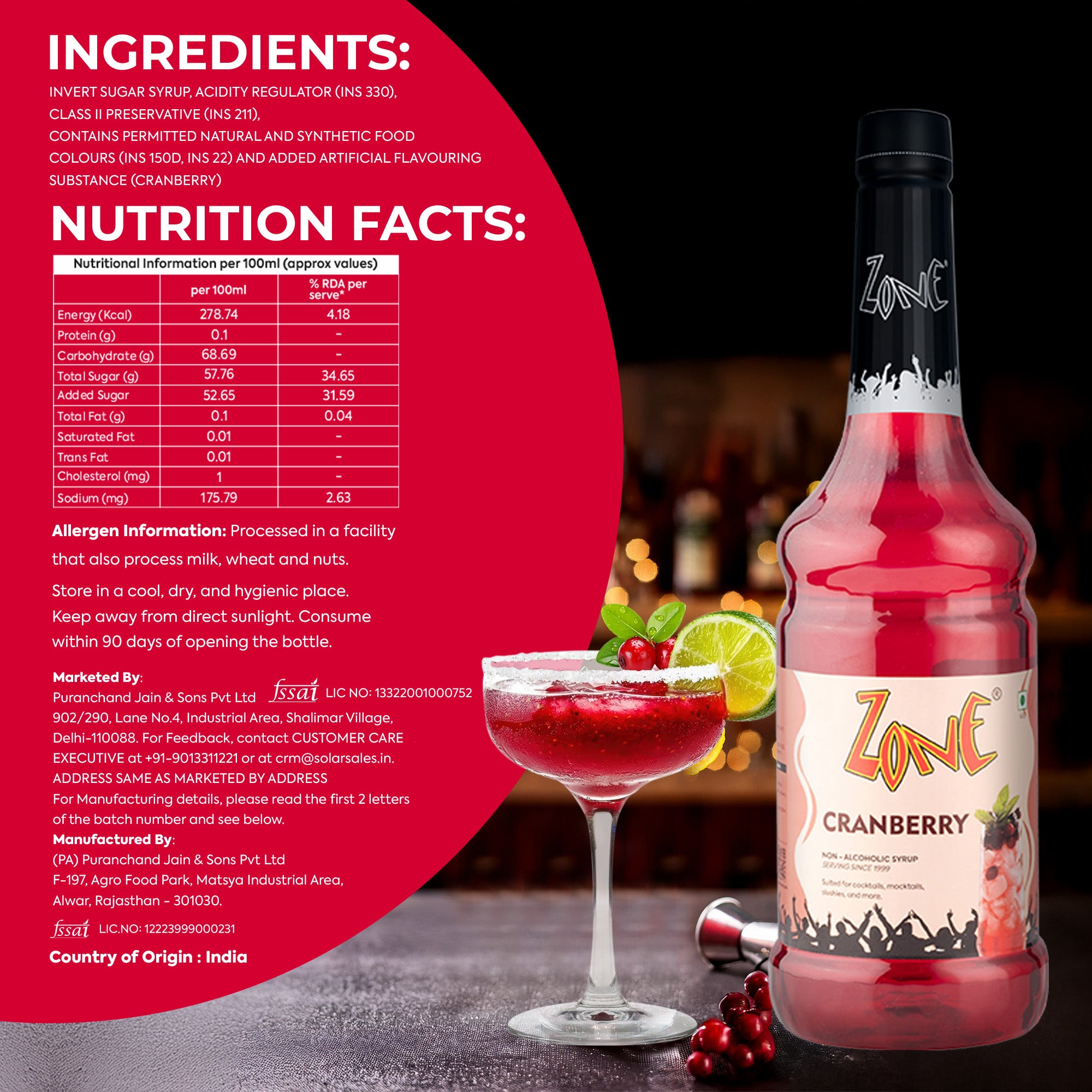 Zone Cranberry Flavoured Syrup 1000ml