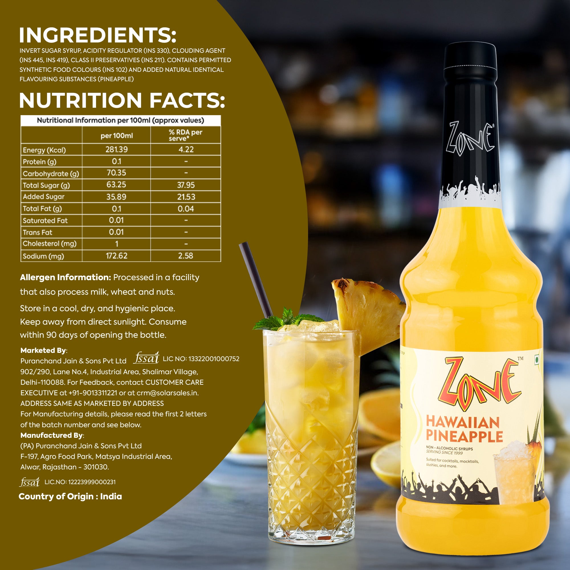 Zone Hawaiian Pineapple Flavoured Syrup 1000ml