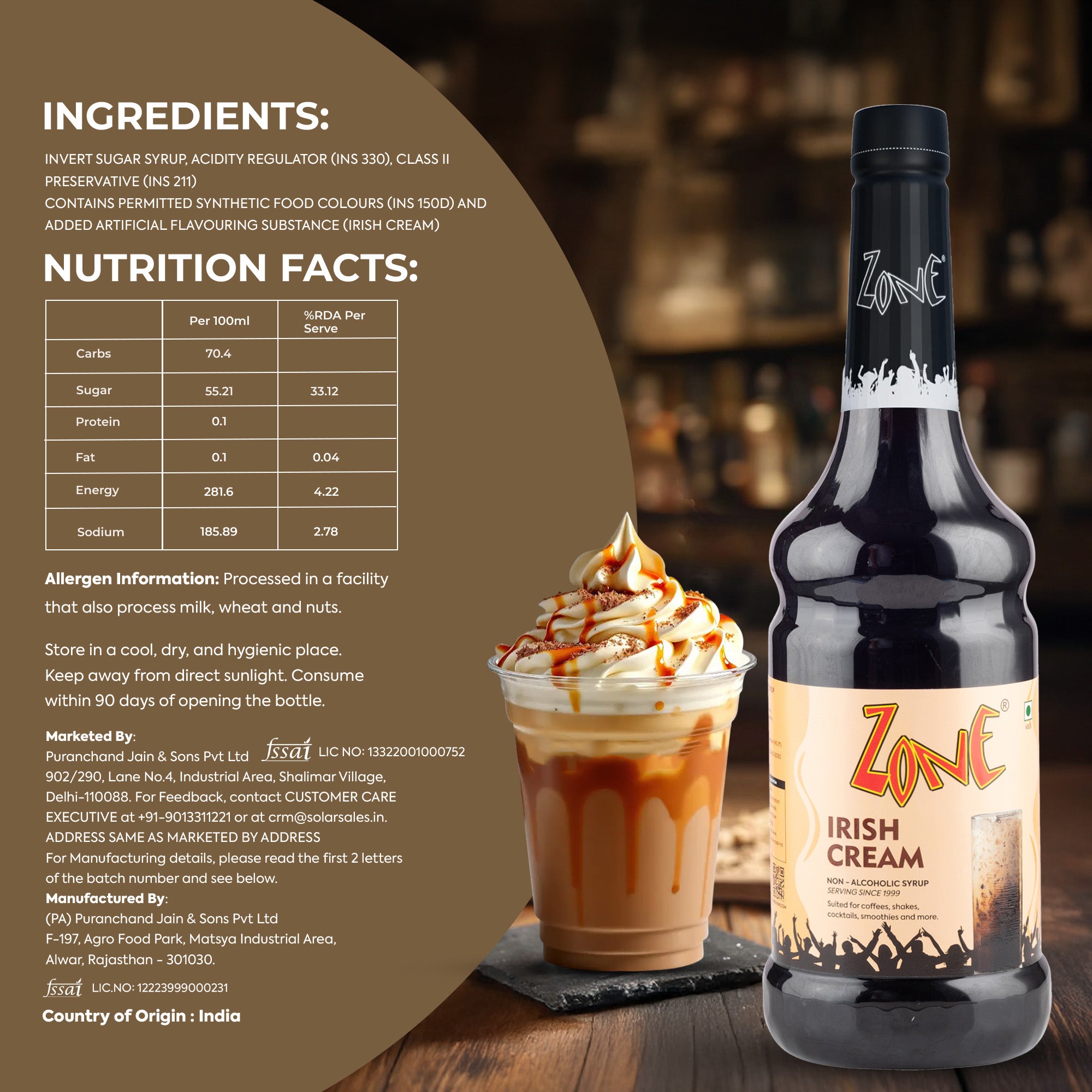 Zone Irish Cream Flavoured Syrup 1000ml