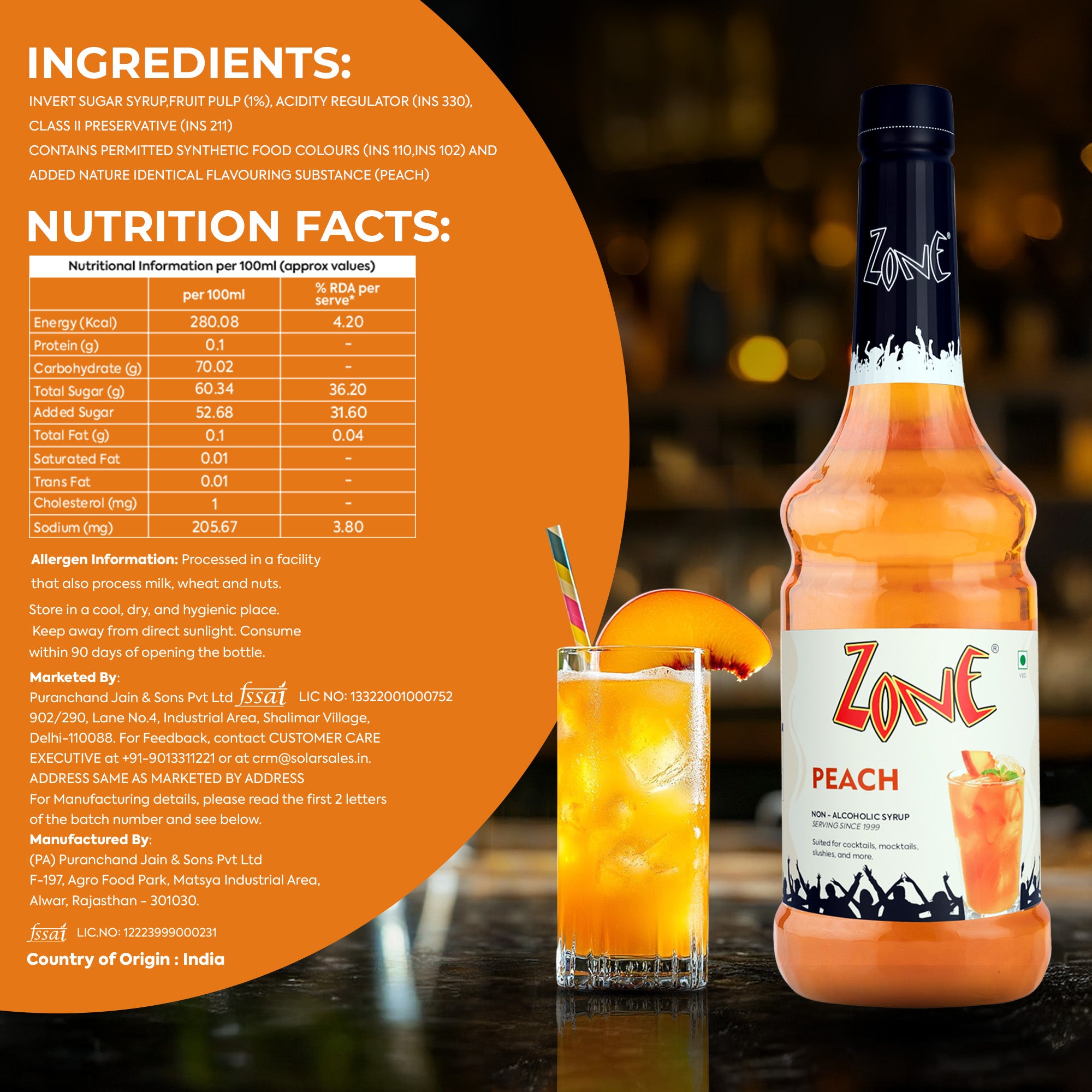 Zone Peach Flavoured Syrup 1000ml