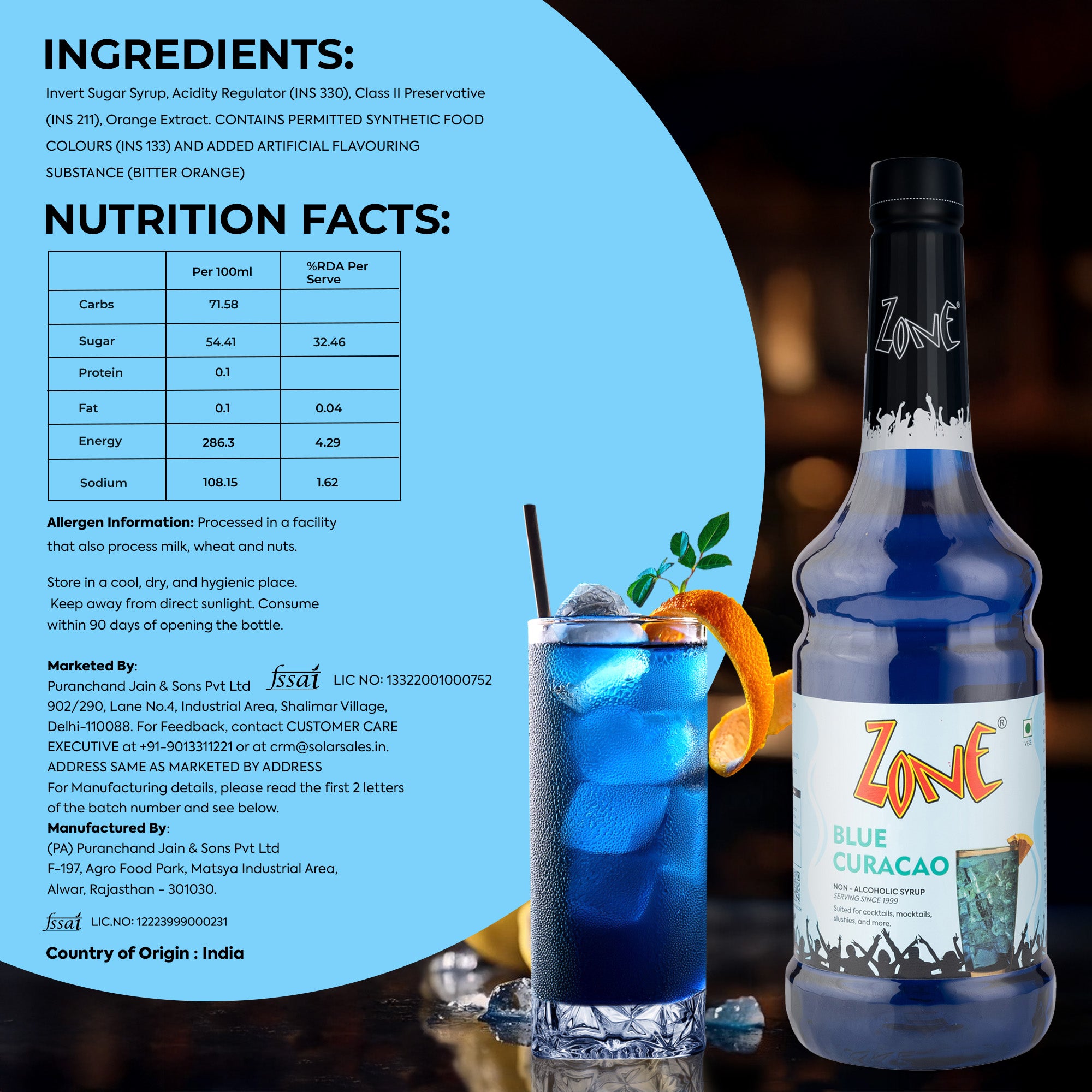 Zone Blue Curacao Flavoured Syrup 1000ml