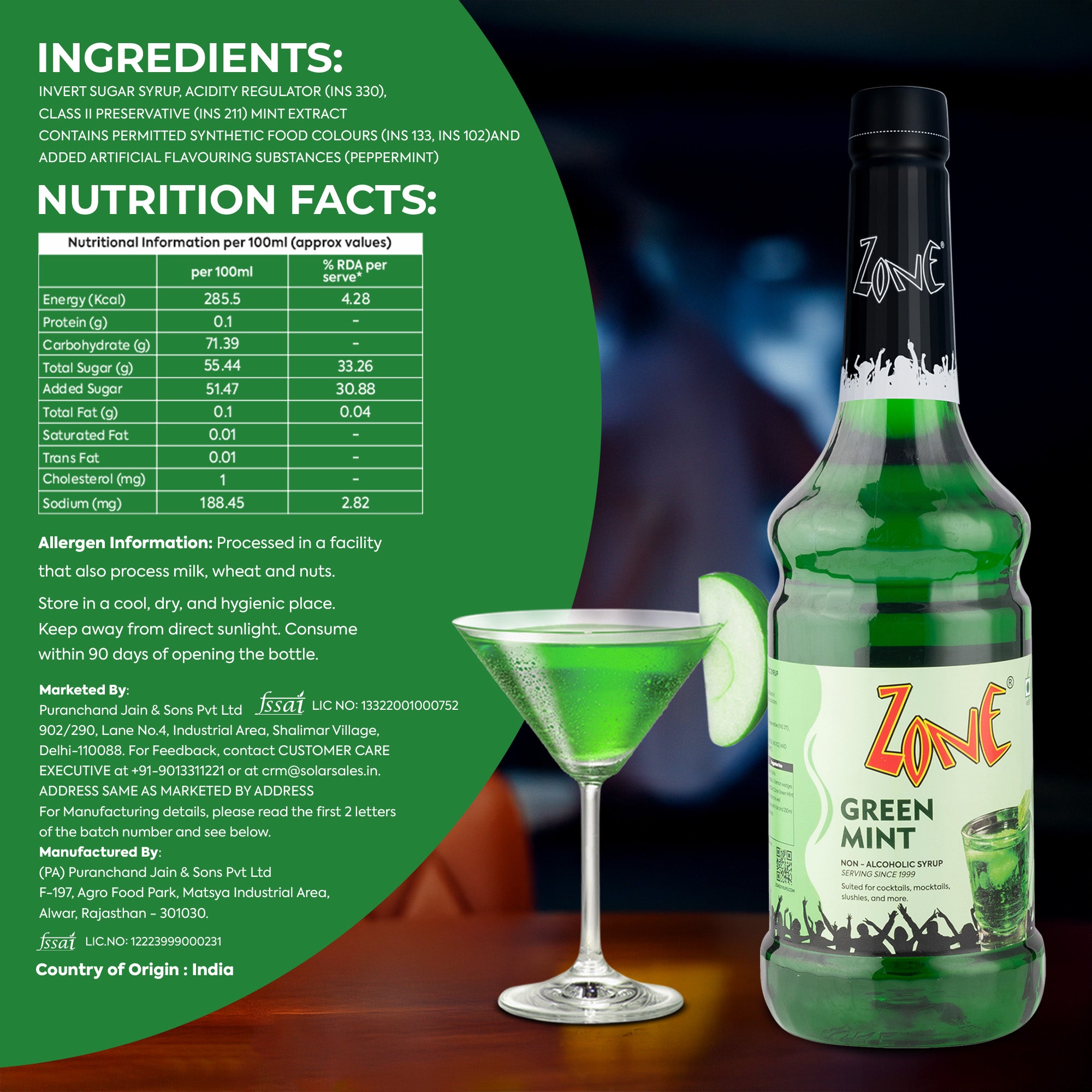 Zone Green Mint Flavoured Syrup 1000ml
