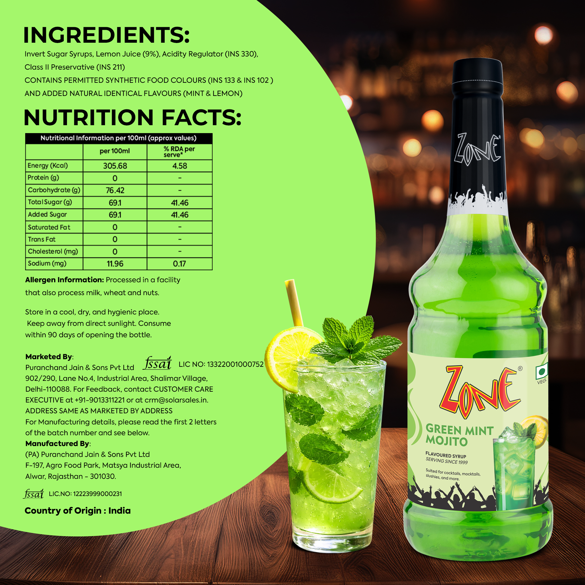 Zone Green Mint Mojito Flavoured Syrup 1000ml