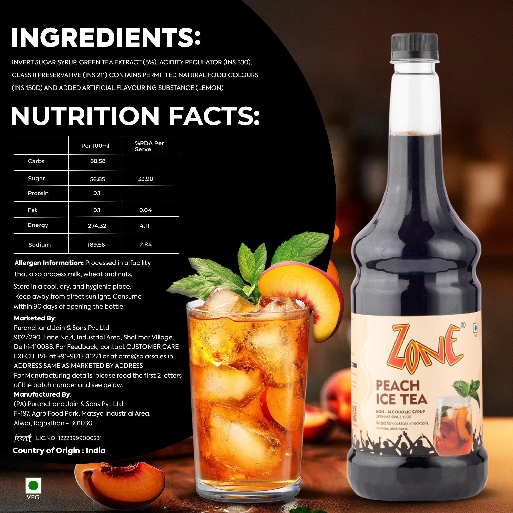 Zone Peach Ice Tea Flavoured Syrup 1000ml