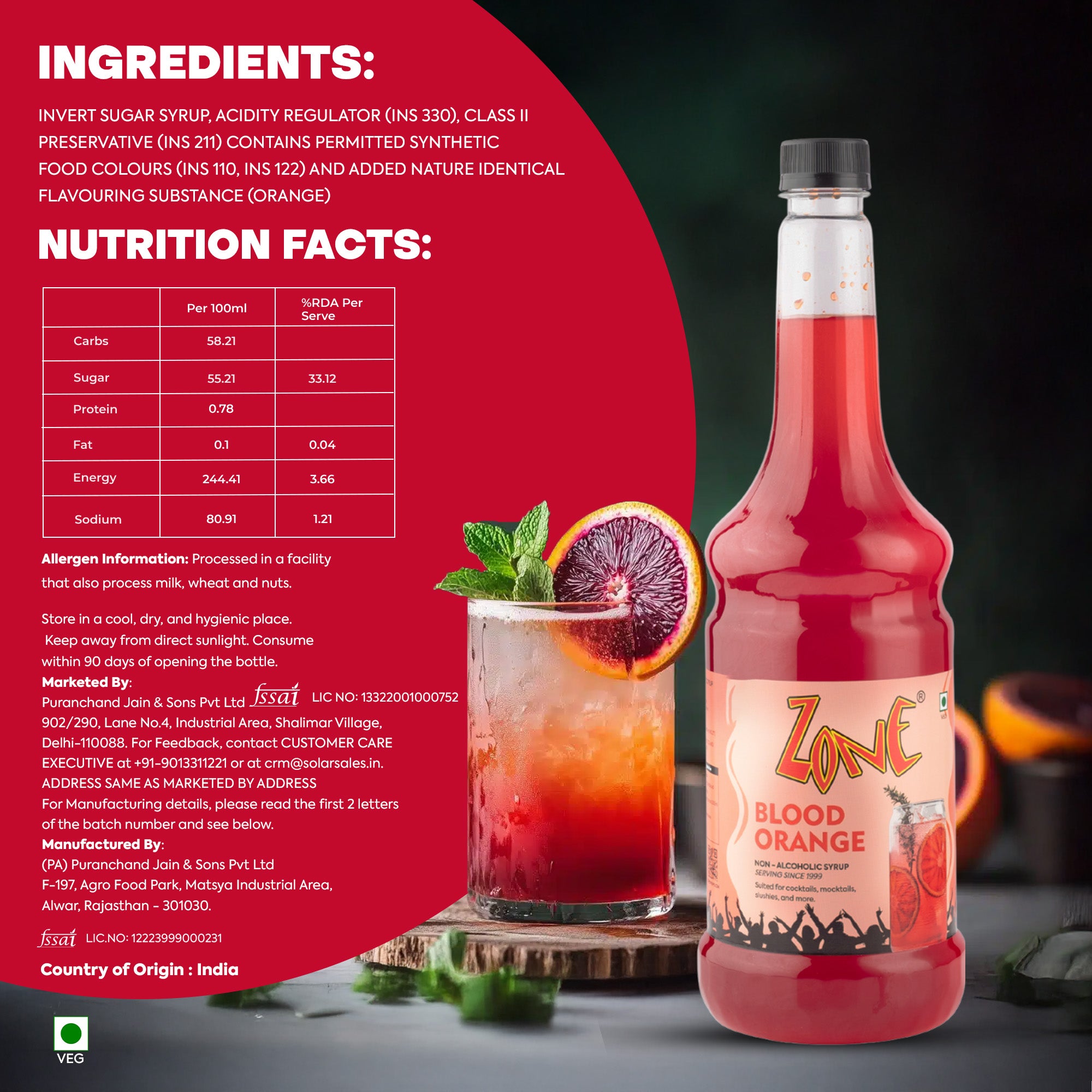 Zone Blood Orange Flavoured Syrup 1000ml