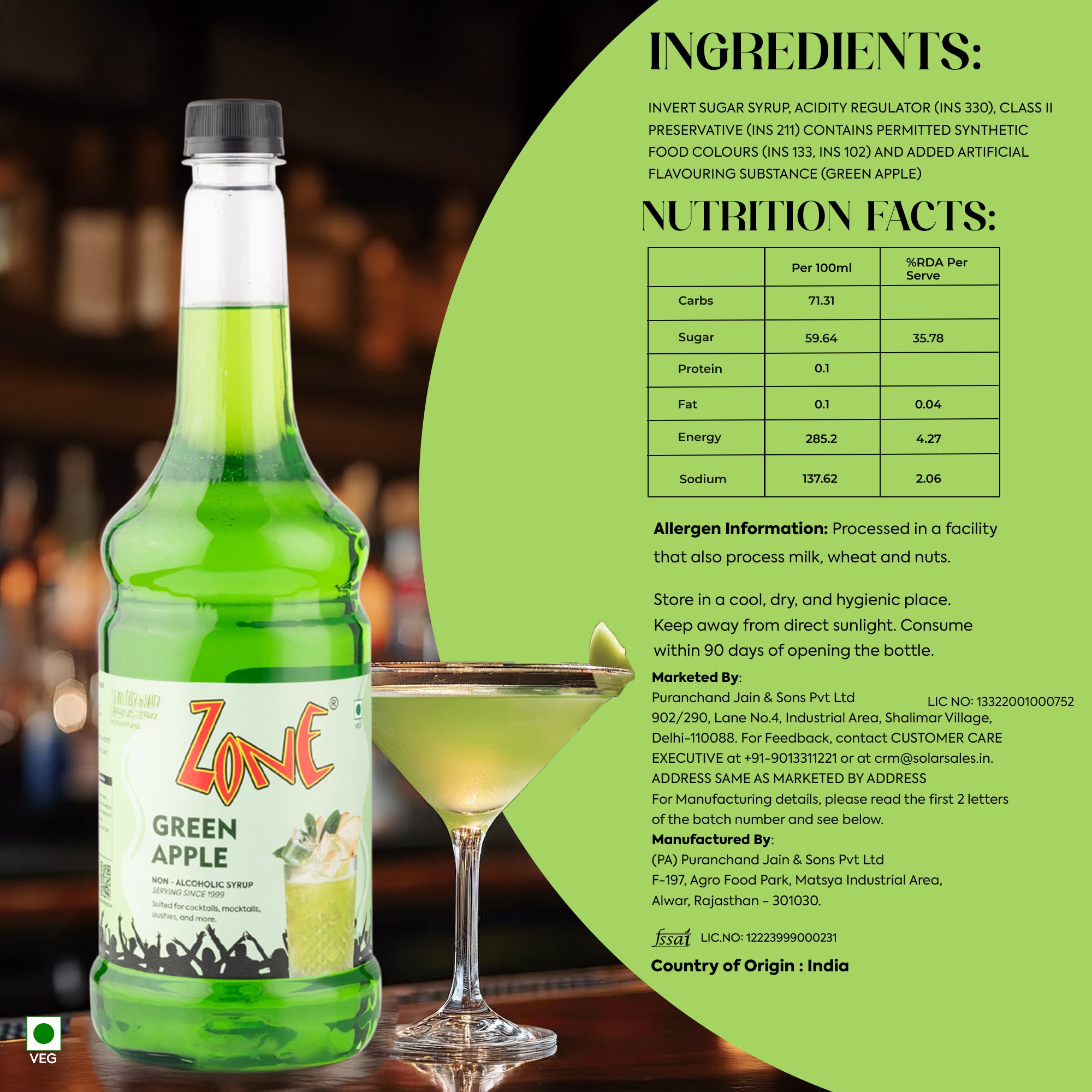 Zone Green Apple Flavoured Syrup 1000ml