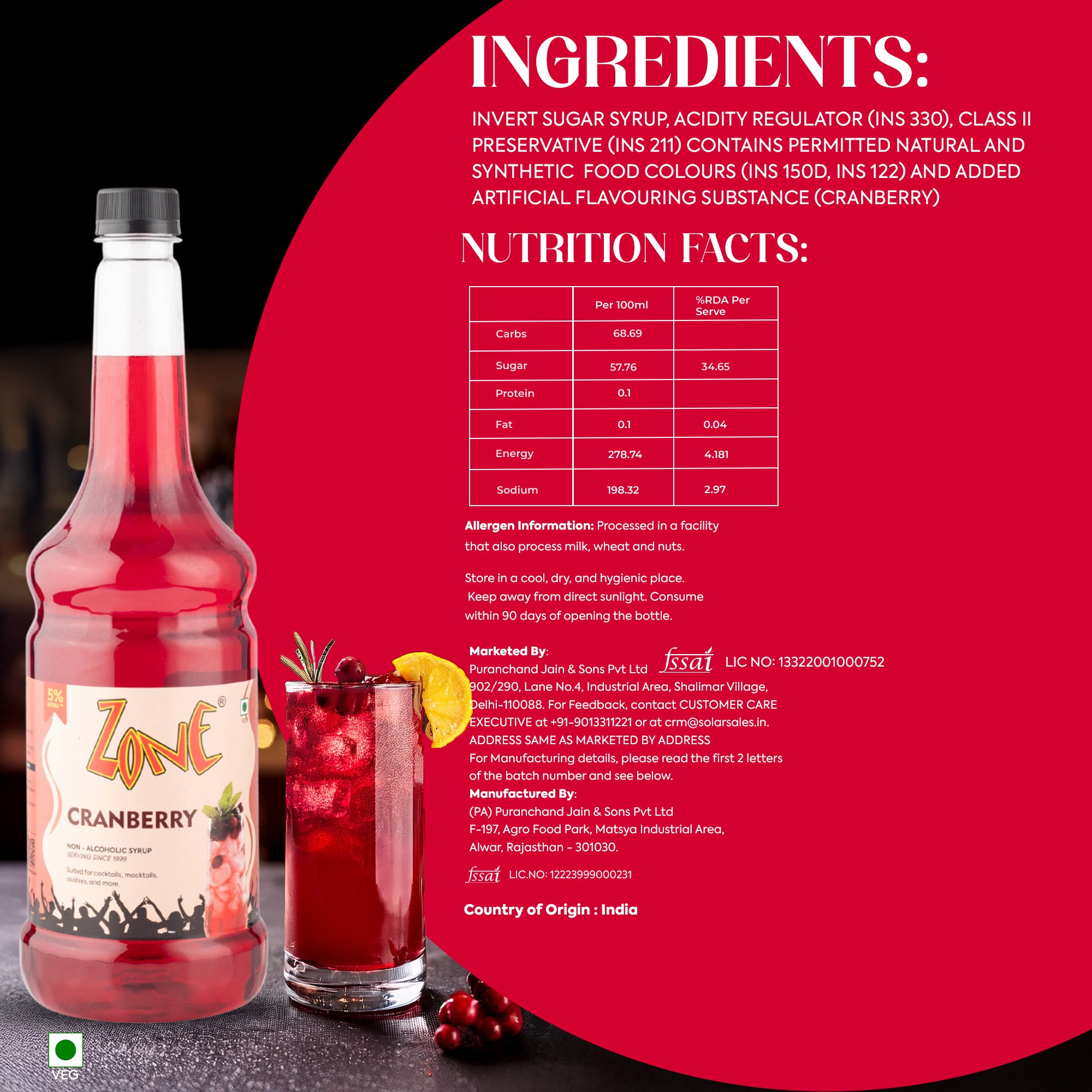 Zone Cranberry Flavoured Syrup 1000ml