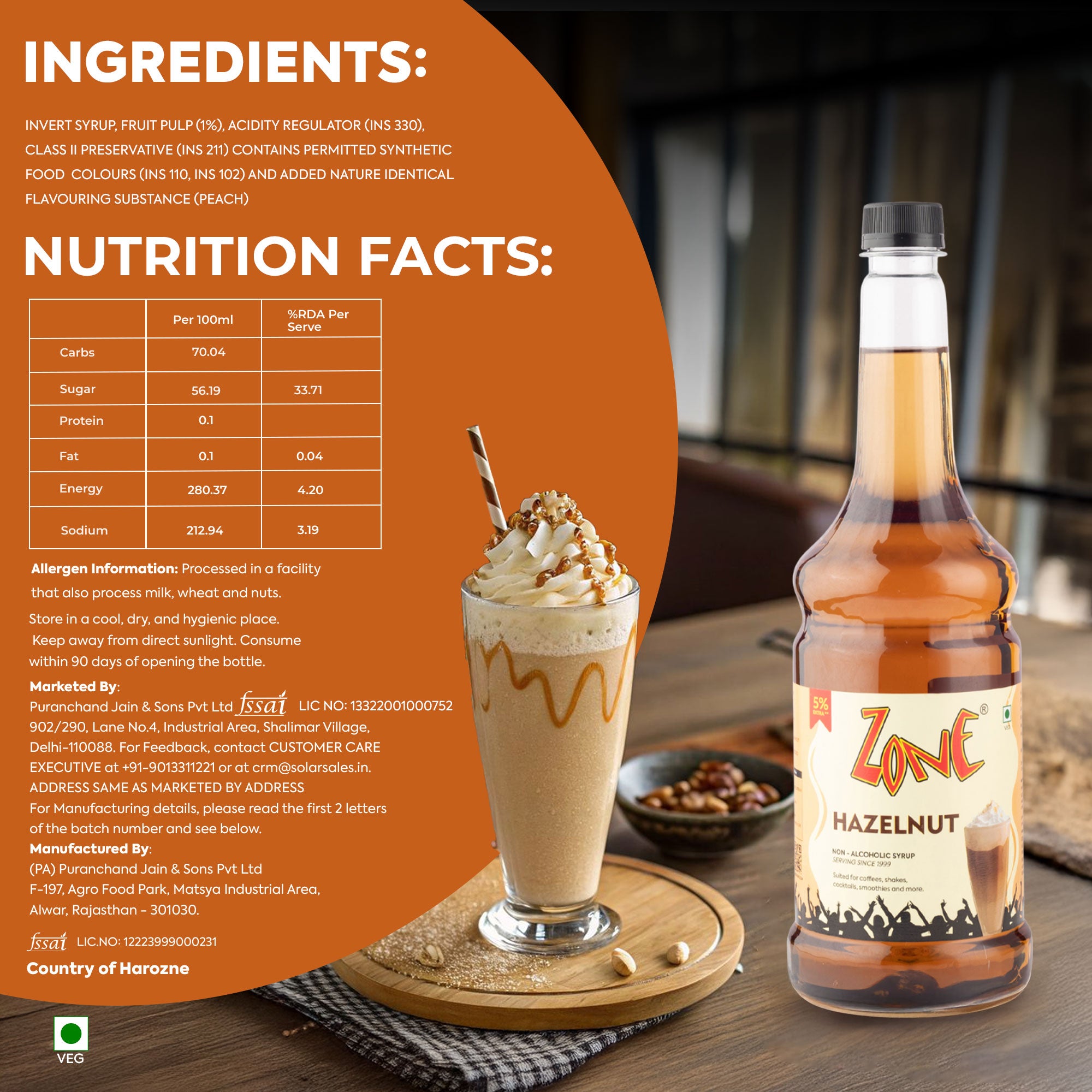 Zone Hazelnut Flavoured Syrup 1000ml