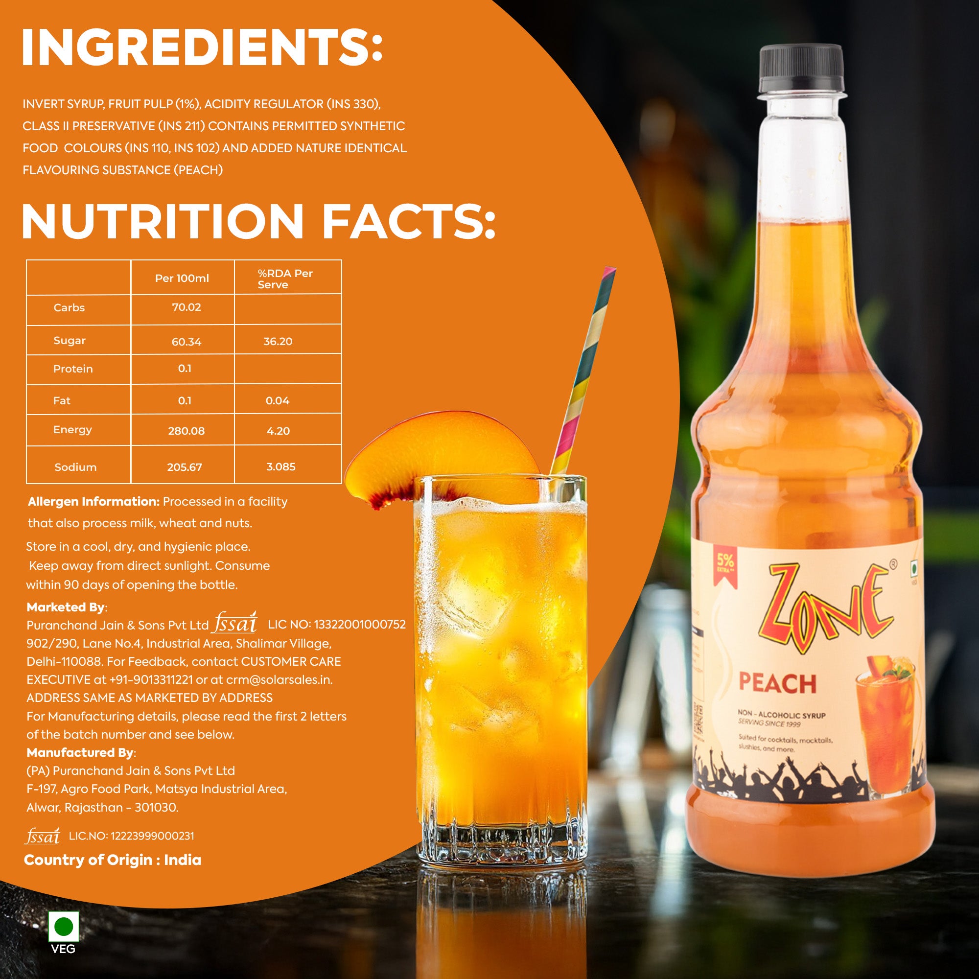 Zone Peach Flavoured Syrup 1000ml