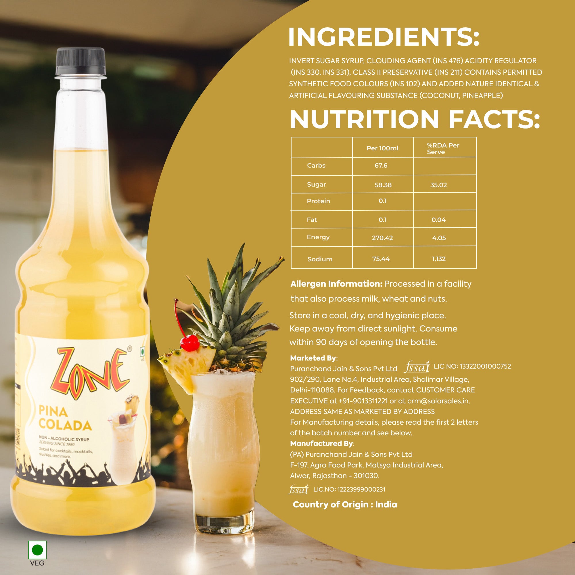 Zone Pina Colada Flavoured Syrup 1000ml