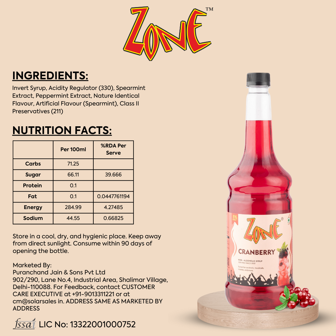 Zone Cranberry Flavoured Syrup 1050ml