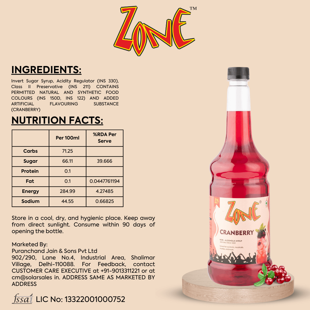 Zone Cranberry Flavoured Syrup 1050ml