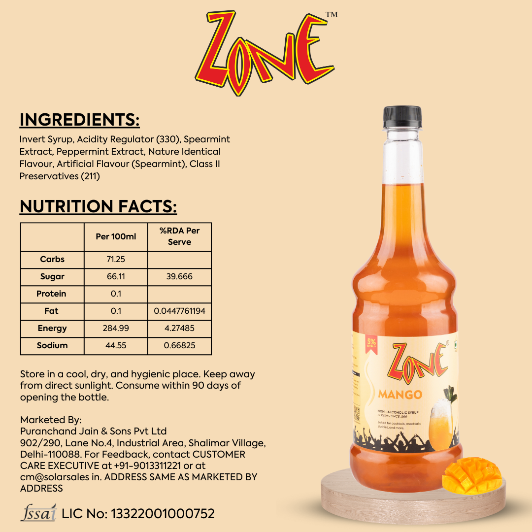 Zone Mango Flavoured Syrup 1L | Cocktails, Mocktails, & more – ZONE