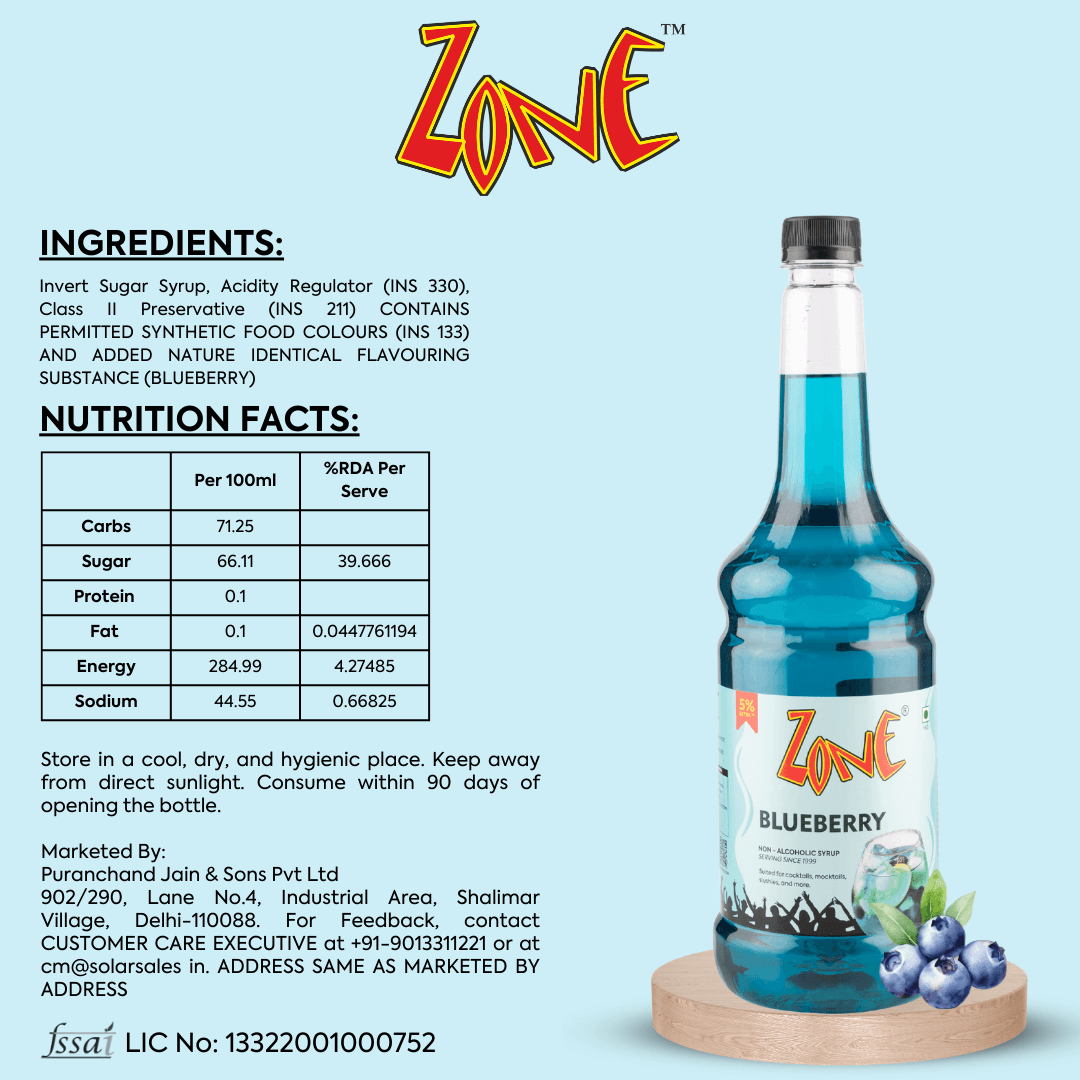 Zone Blueberry Flavoured Syrup 1050ml