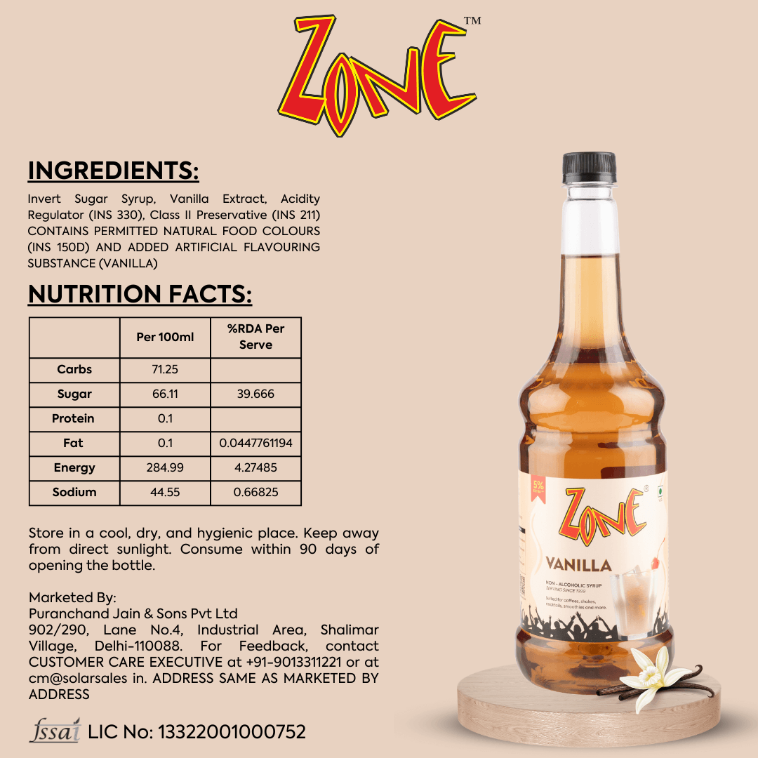 Zone Vanilla Flavoured Syrup 1050ml