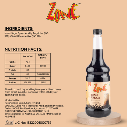 Zone Irish Cream Flavoured Syrup 1050ml