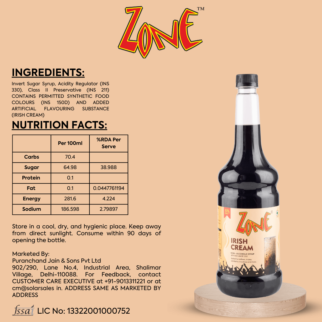 Zone Irish Cream Flavoured Syrup 1050ml