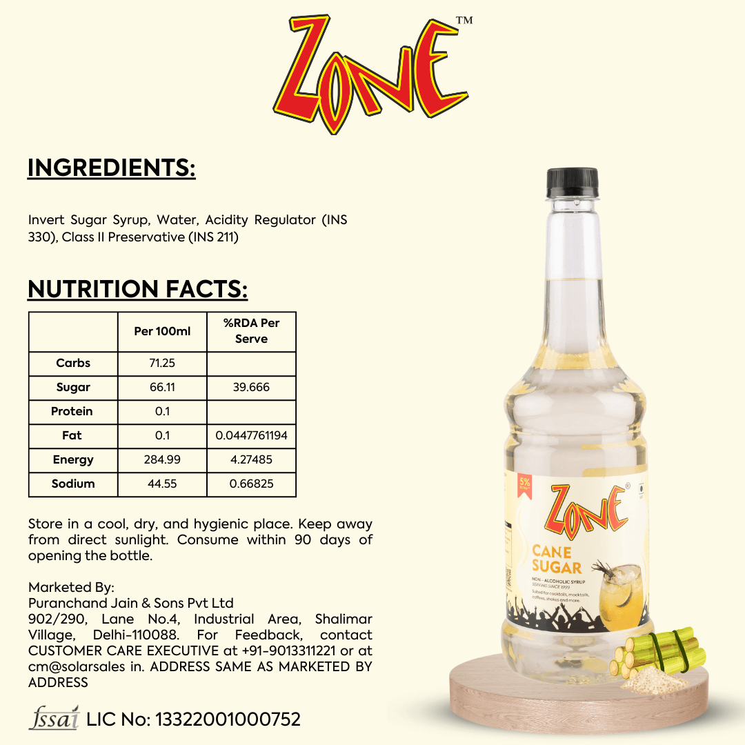 Zone Cane Sugar Flavoured Syrup 1050ml