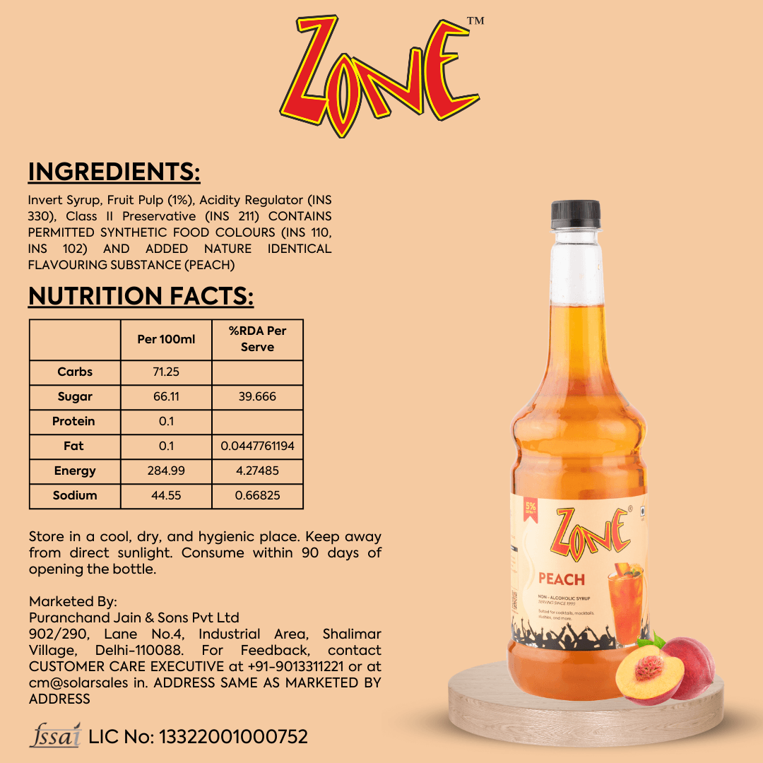 Zone Peach Flavoured Syrup 1050ml