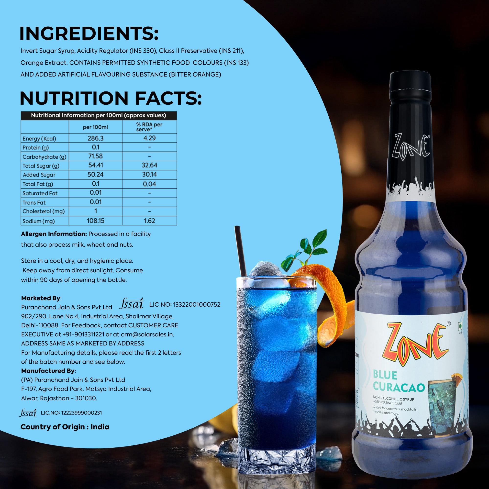 Zone Blue Curacao Flavoured Syrup 1000ml
