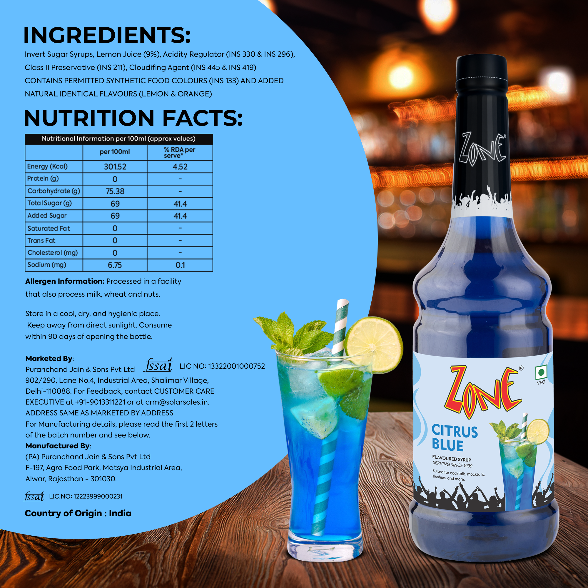 Zone Citrus Blue Flavoured Syrup 1000ml