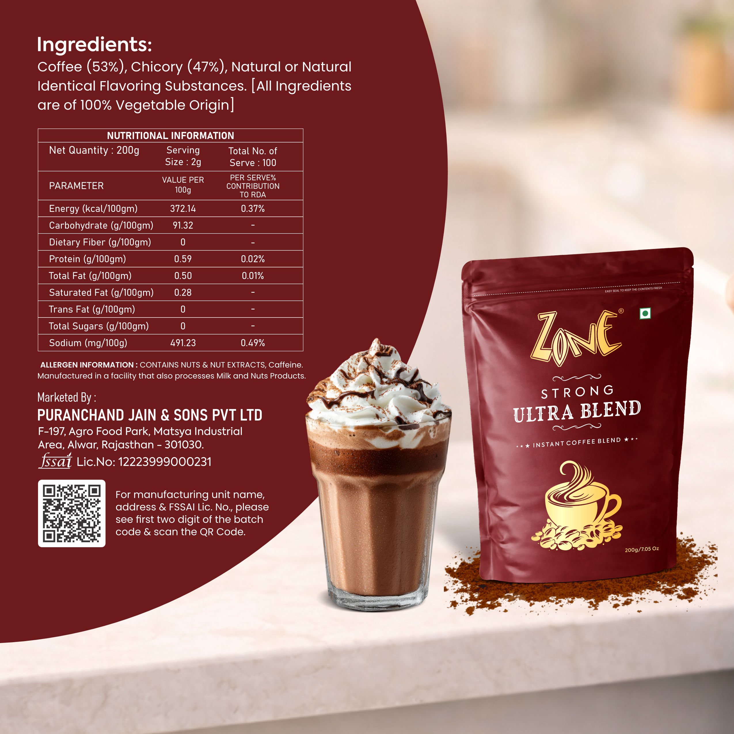 Zone Strong Ultra Blend Instant Coffee Powder 200gm Pack