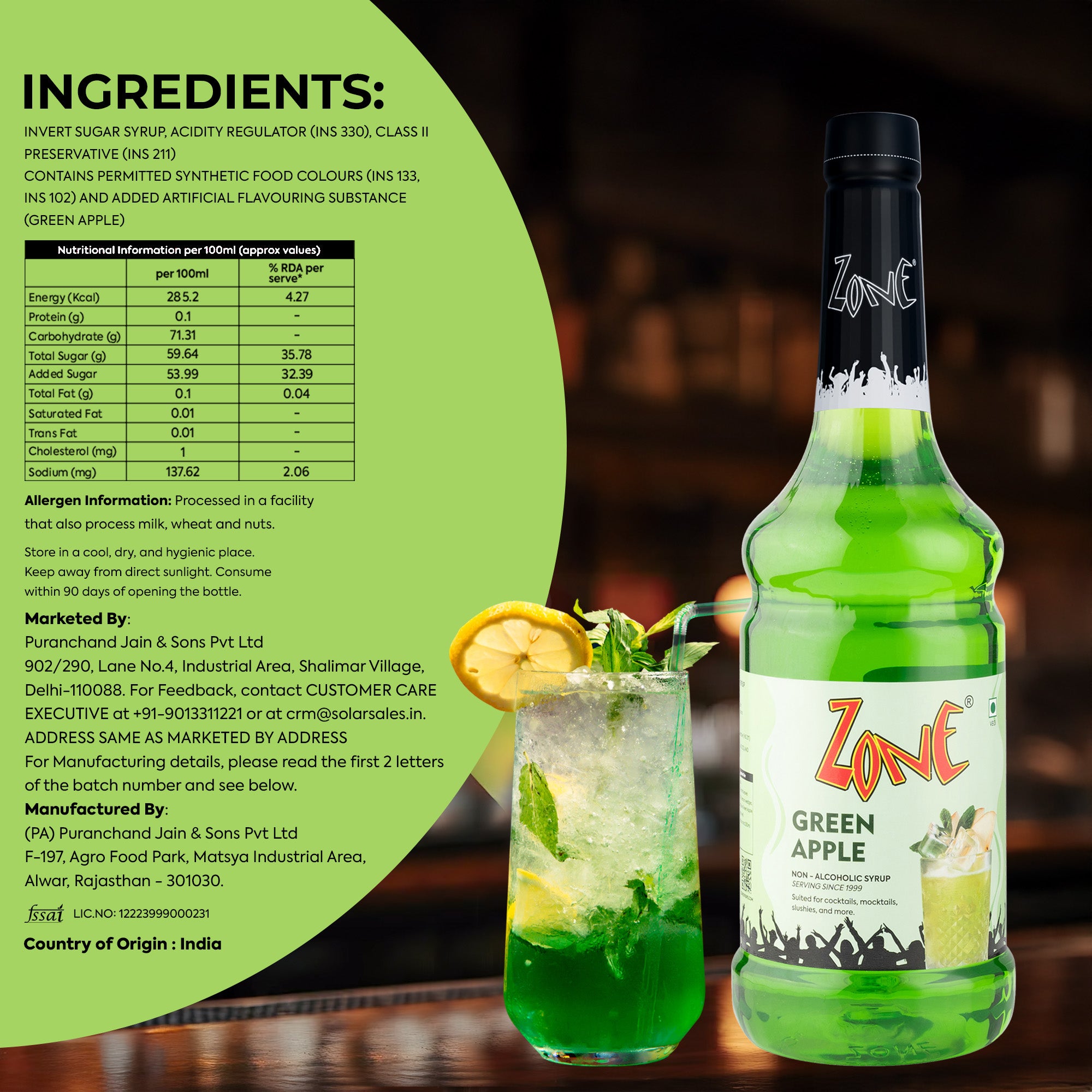 Zone Green Apple Flavoured Syrup