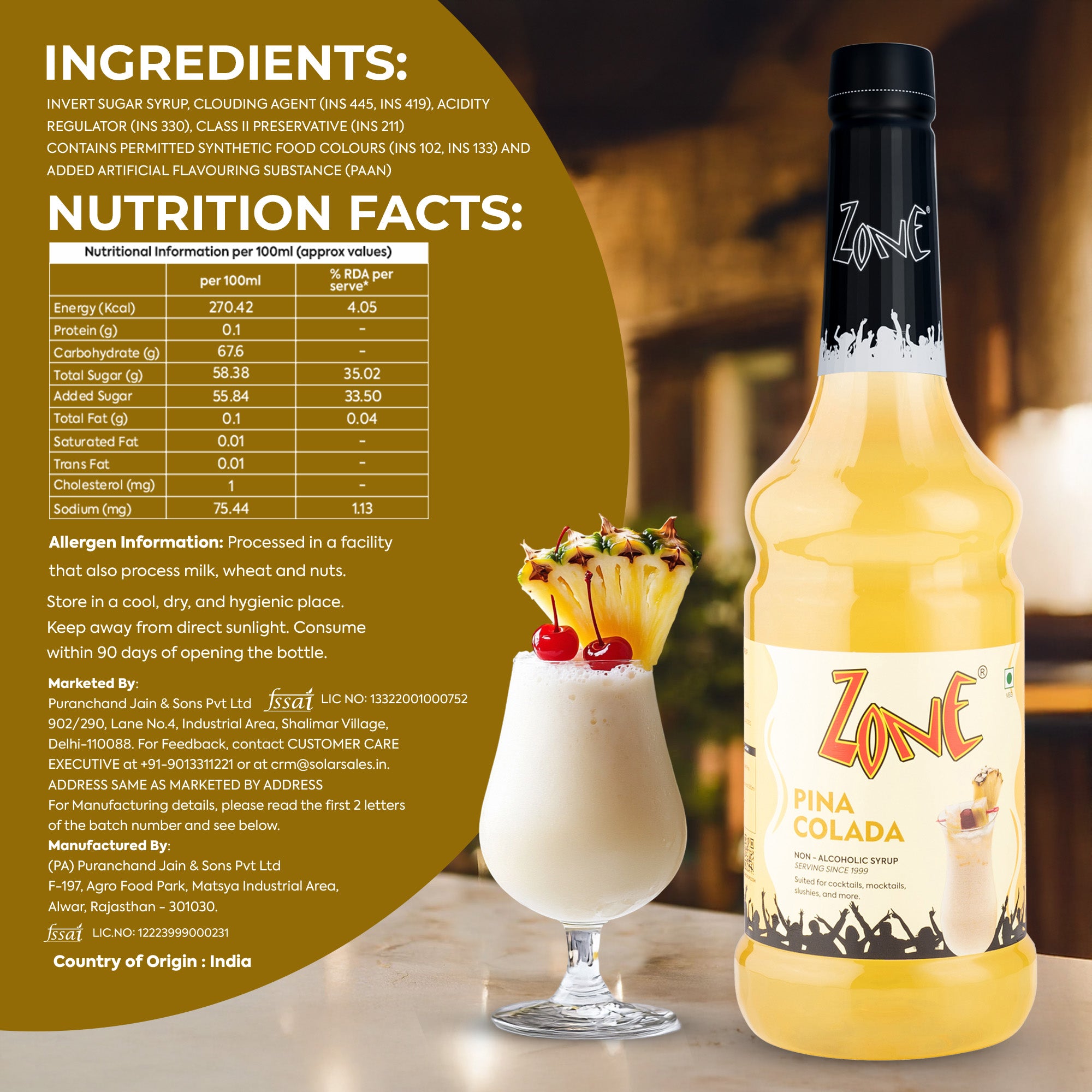 Zone Pina Colada Flavoured Syrup 1000ml
