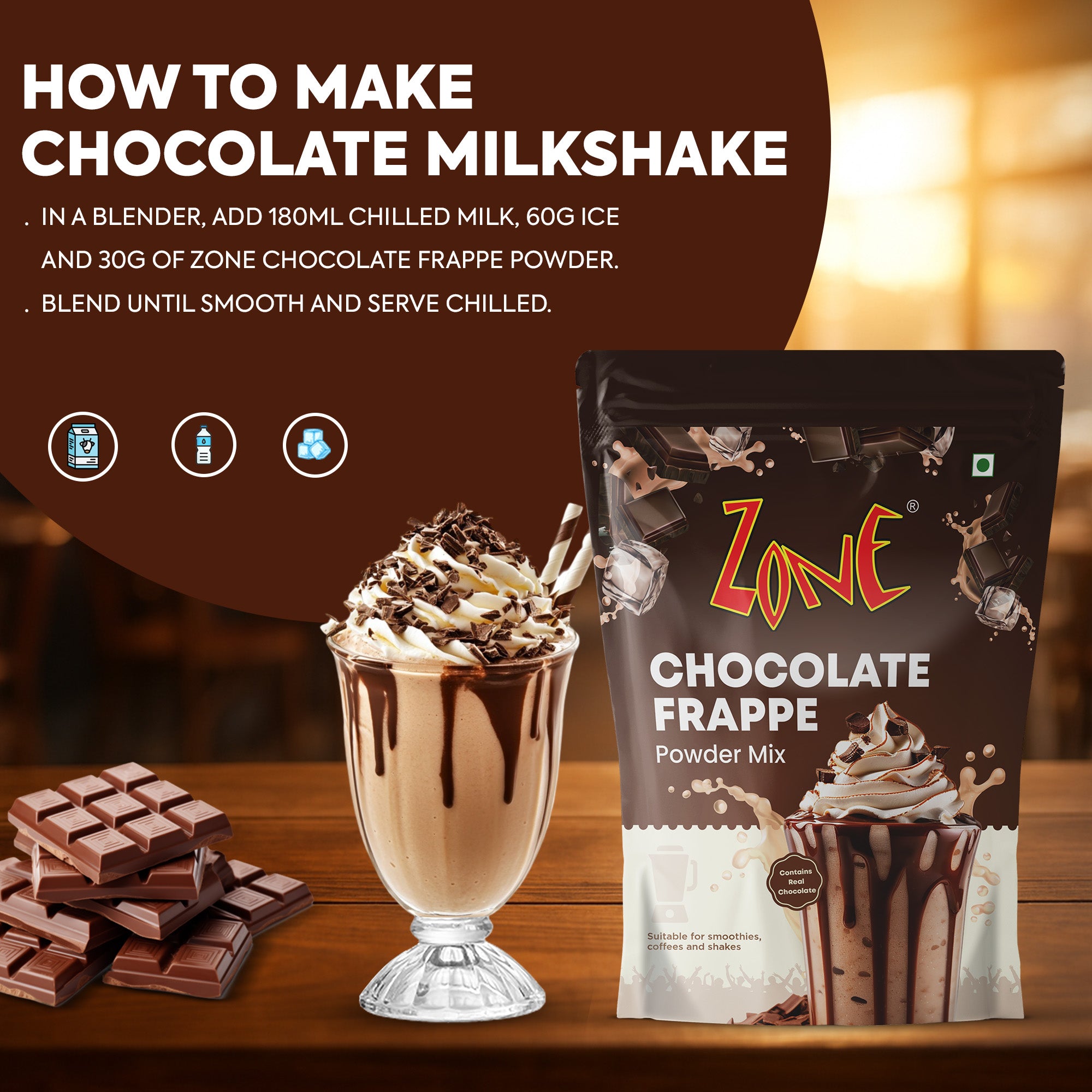 Zone Chocolate Frappe Powder | Premium Cafe Style Chocolate Mix