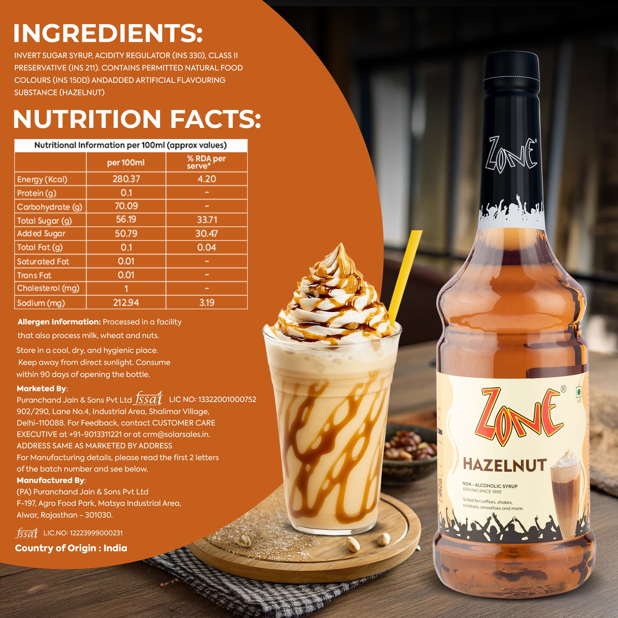 Zone Hazelnut Flavoured Syrup 1000ml