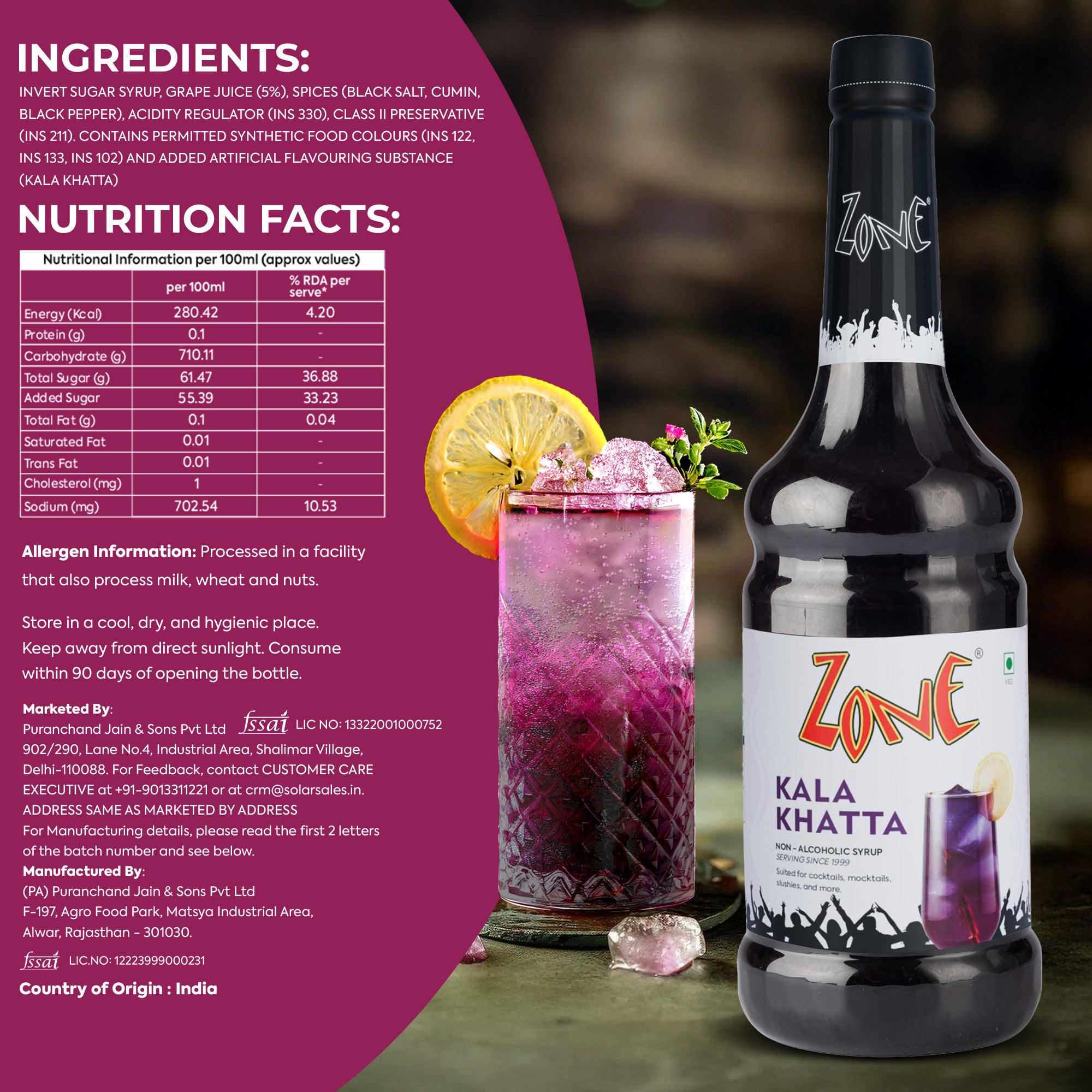 Zone Kala Khatta Flavoured Syrup 1000ml