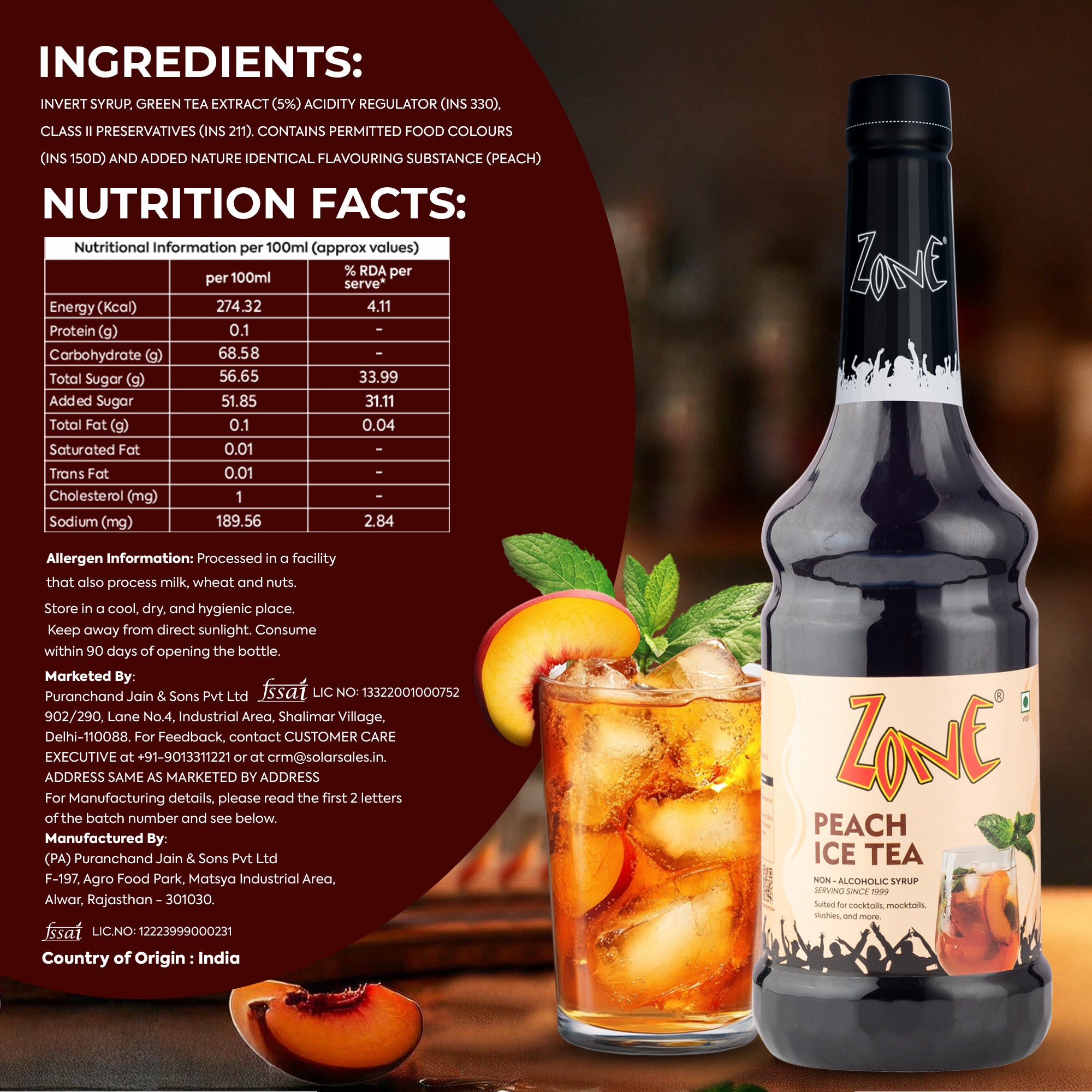 Zone Peach Ice Tea Flavoured Syrup 1000ml