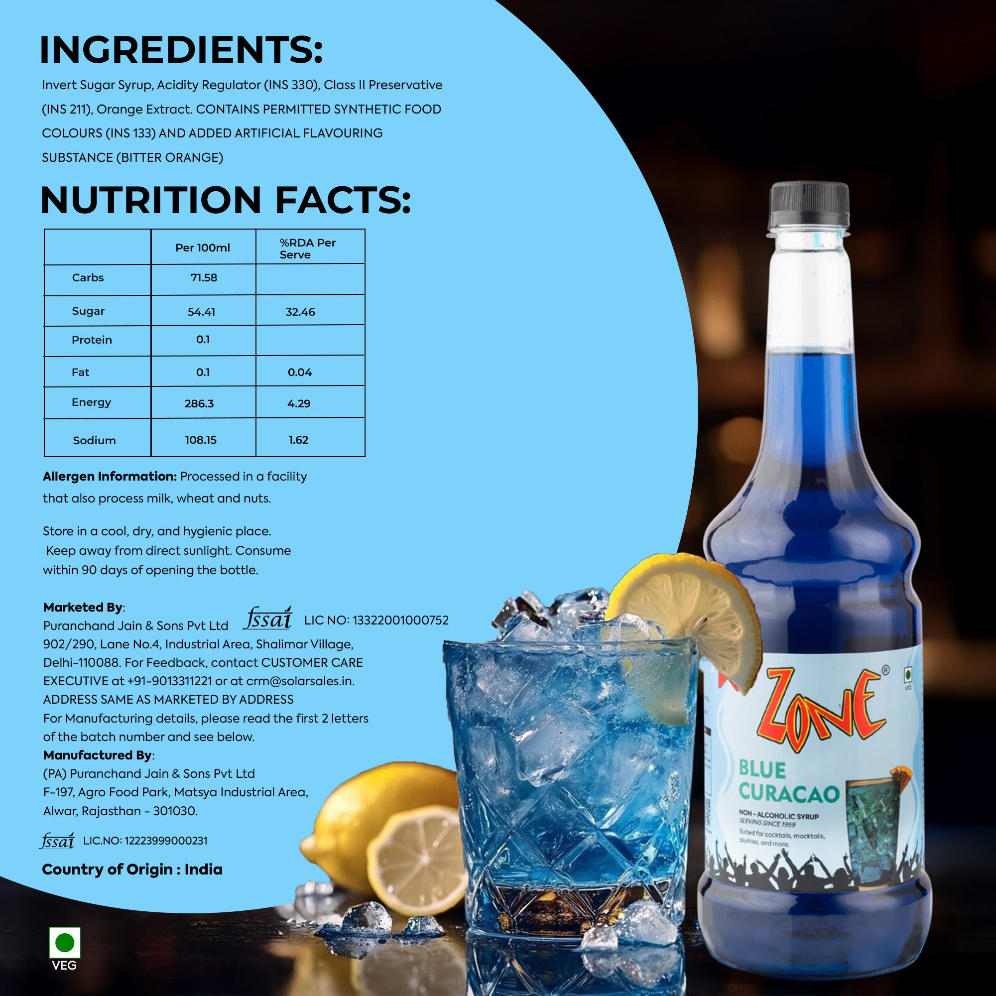 Zone Blue Curacao Flavoured Syrup 1000ml